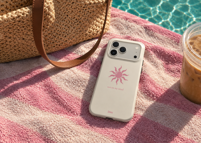 Cream sun case held on a sunlit terrace